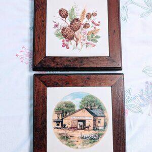 Set of 2 VTG Mid-State Ceramic Tile Trivets #1 & #2 Wood Frame Cottagecore USA